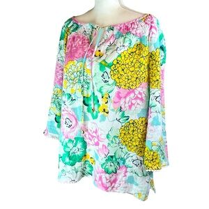 CHARTER CLUB Floral‎ 100% Linen Peasant Tunic Blouse Top Shirt XL Loose Coquette